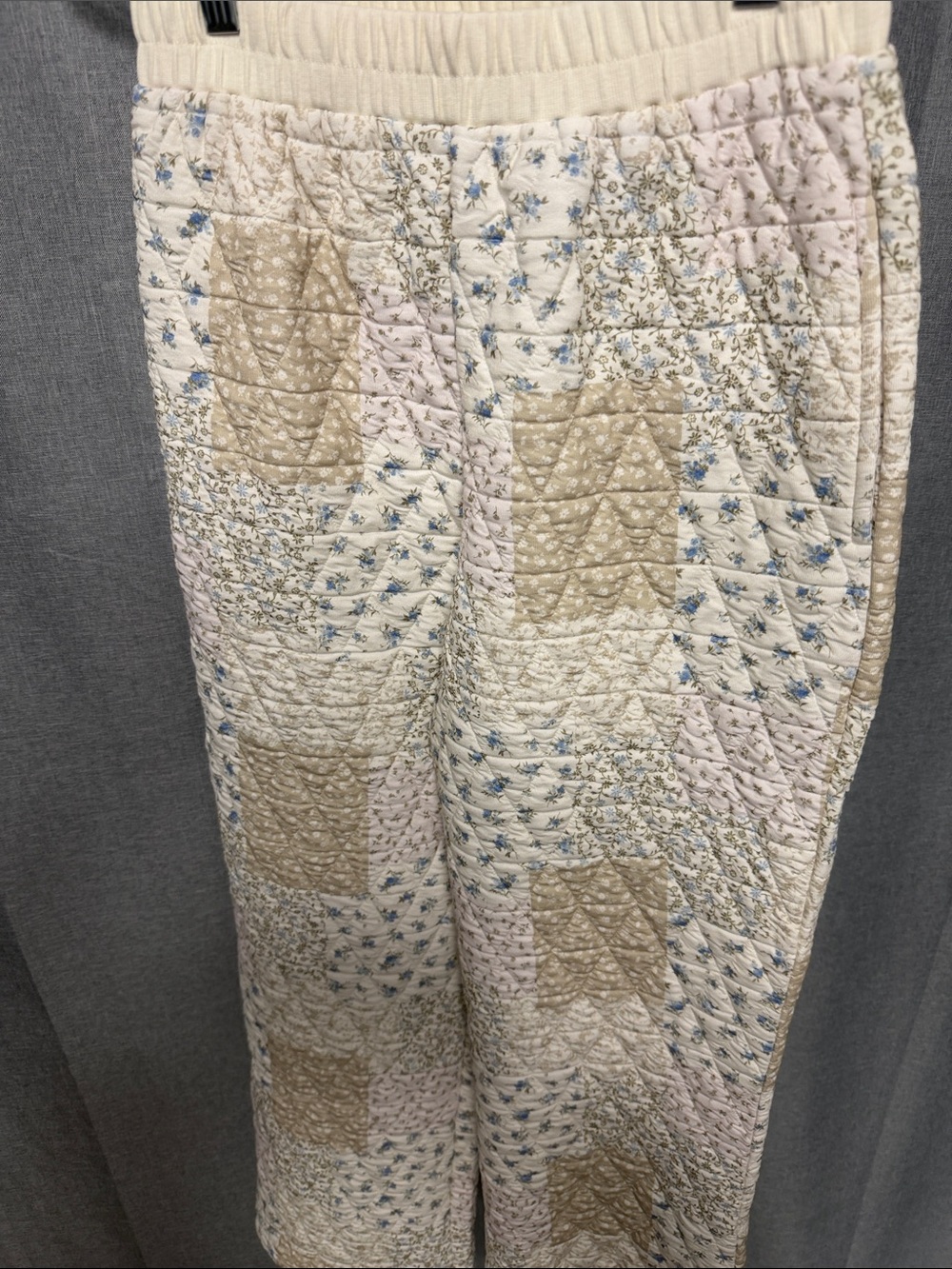 J.O.A. Quilted Patchwork Wide-Leg Pants in Cream, Tan & Light Blue